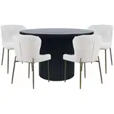 Auden 5 Piece Dining Set in Black Wood, Gray Fabric & Brass